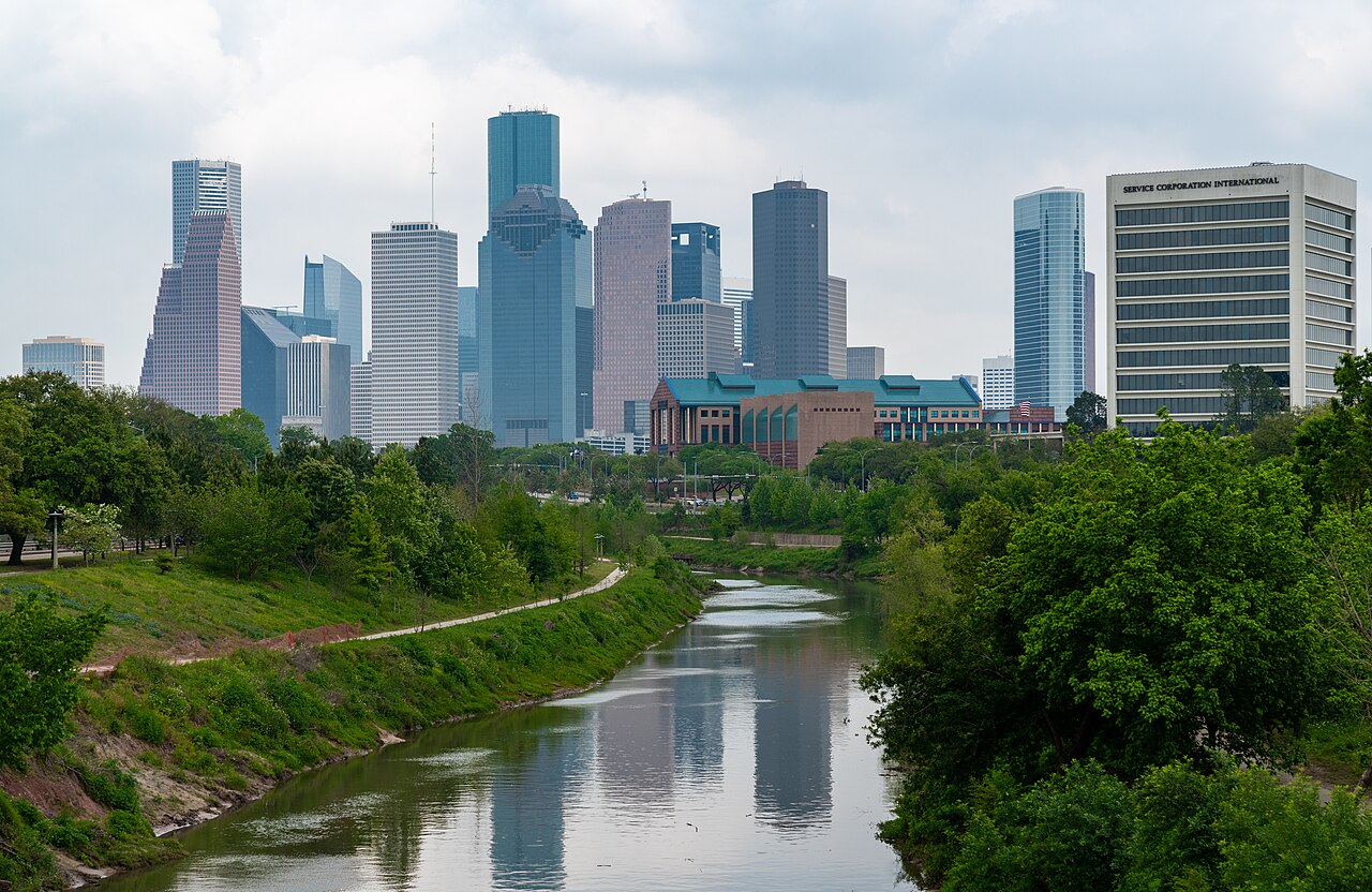 Houston skyline above Buffalo Bayou, photographed from the Rosemont Pedestrian Bridge
