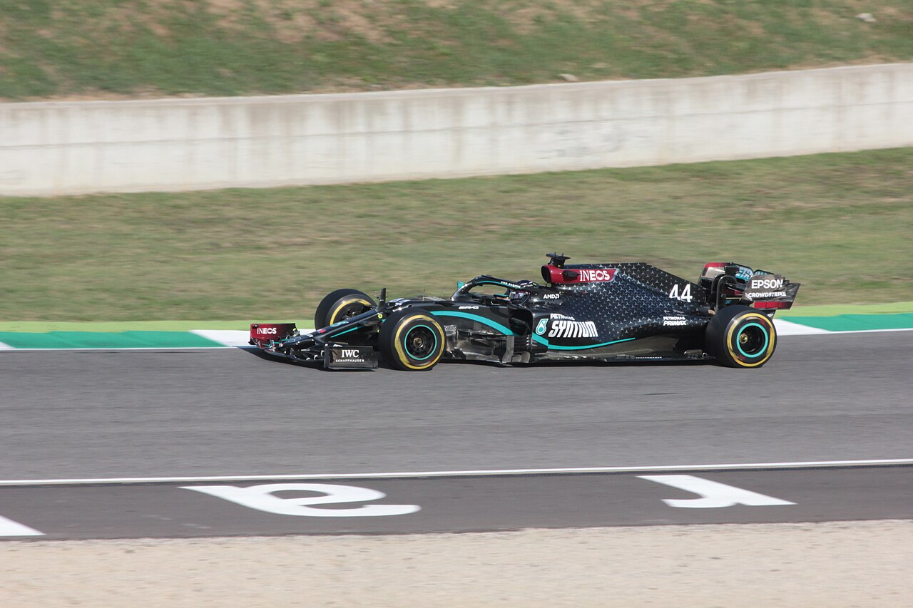 Lewis Hamilton driving the black Mercedes W11 at the 2020 Tuscan Grand Prix