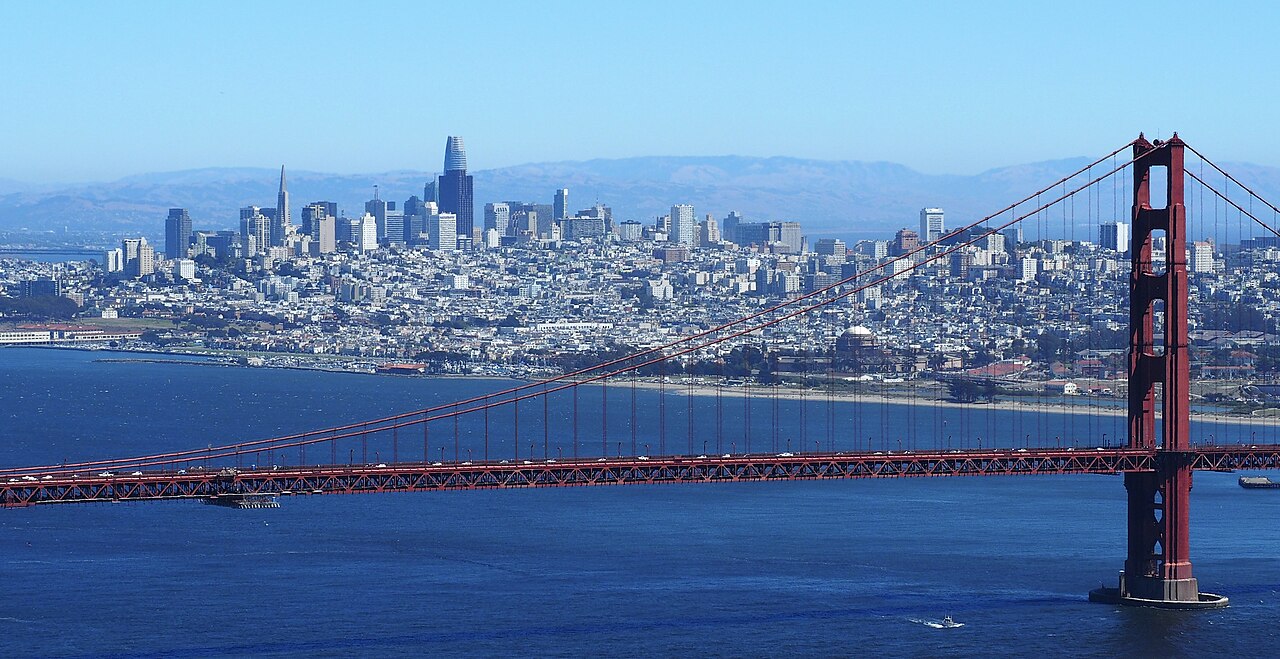 Golden Gate Bridge and the San Francisco skyline, photographed from the Marin Headlands